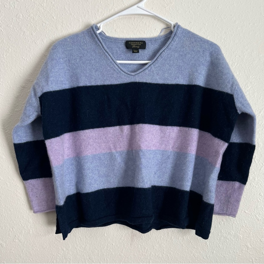 Charter Club Cashmere V-Neck Striped Sweater in Lavender,Navy & Soft Pink size L